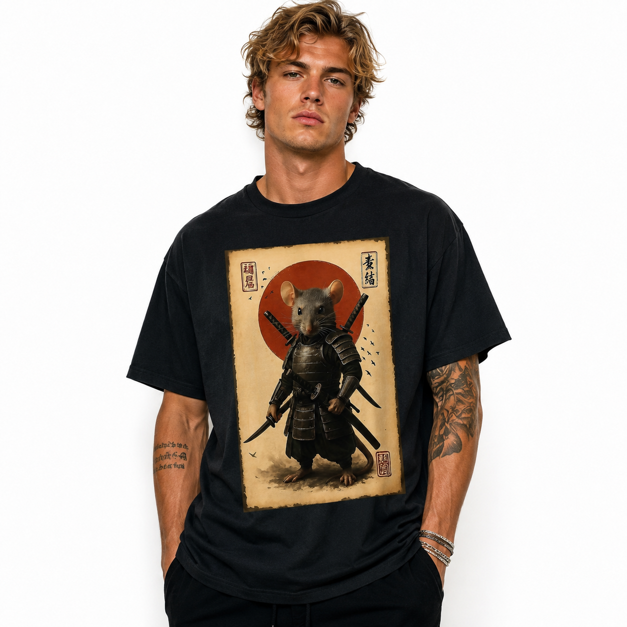Vintage Japanese Samurai Rat Warrior Graphic T-Shirt Anime Art Tee