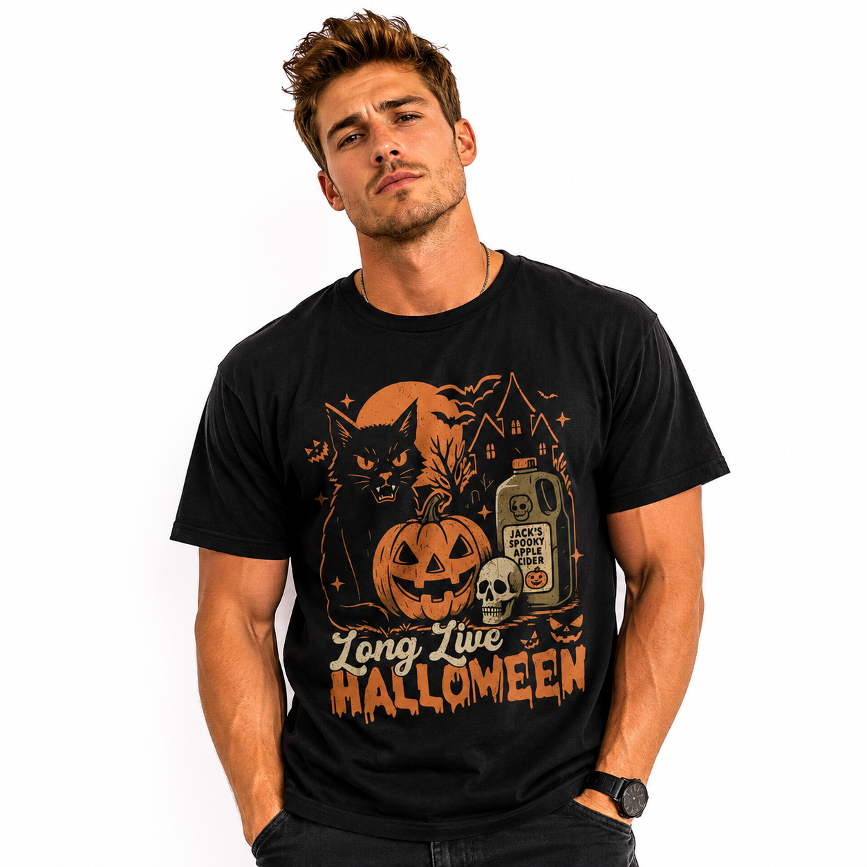 Long Live Halloween Black Cat Pumpkin Spooky Gothic Graphic Men's T-Shirt