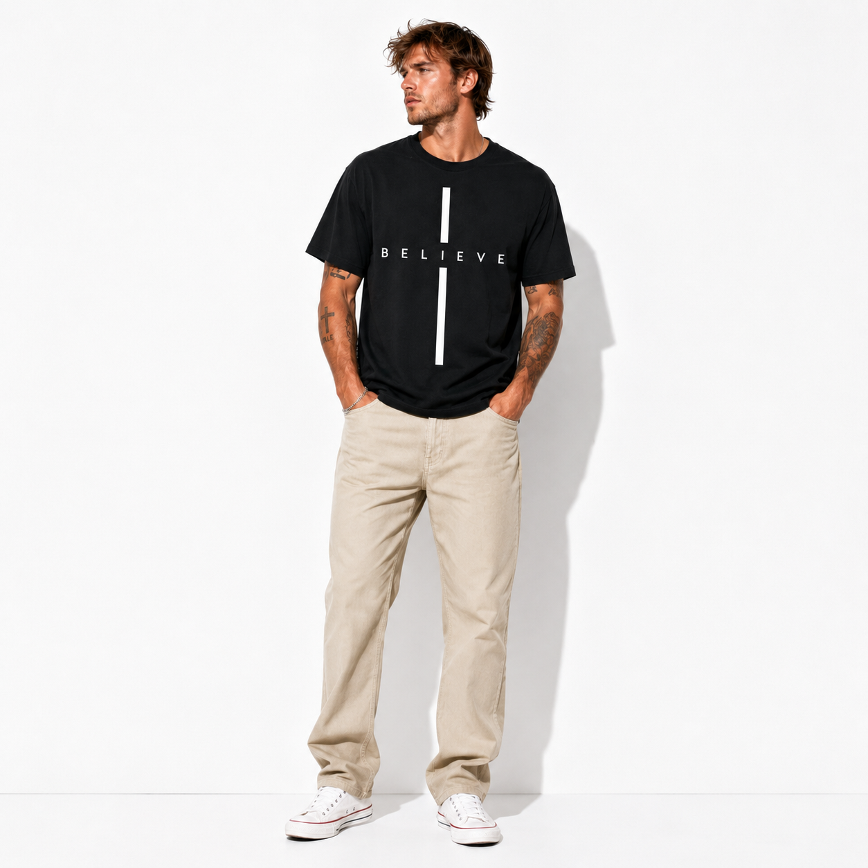 Believe Cross Christian Graphic Men's T-Shirt Faith Religious Tee