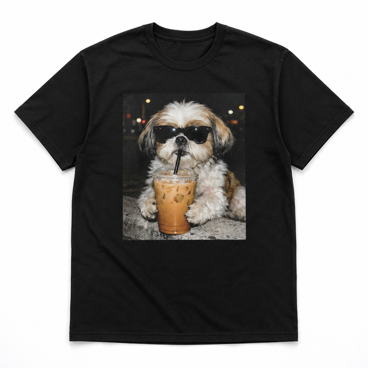 Funny Cool Shih Tzu Iced Coffee Graphic T-Shirt Dog Lover Casual Street Tee