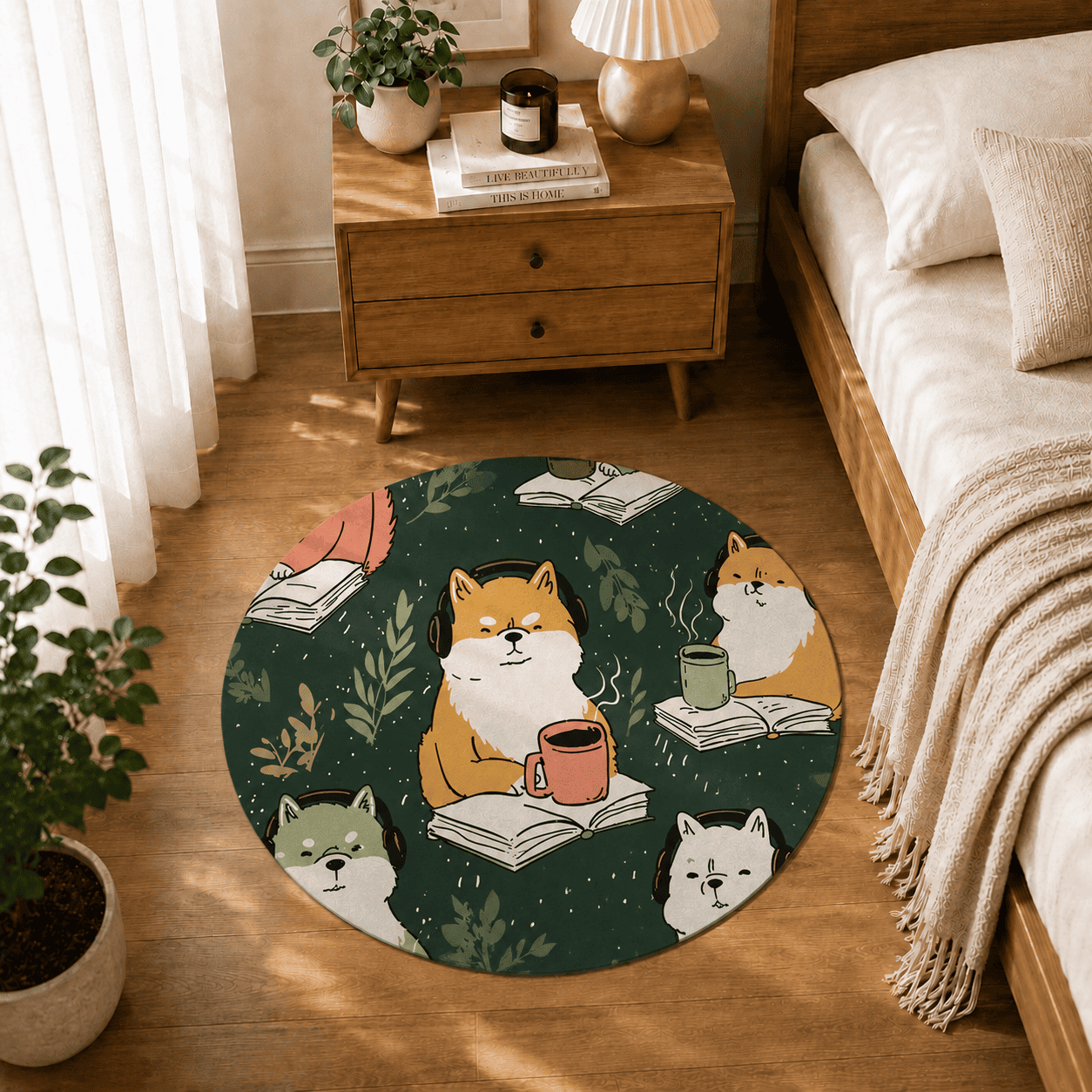 Shiba Inu Bath Mat Quick Dry Super Absorbent Non Slip Kawaii Botanical Design