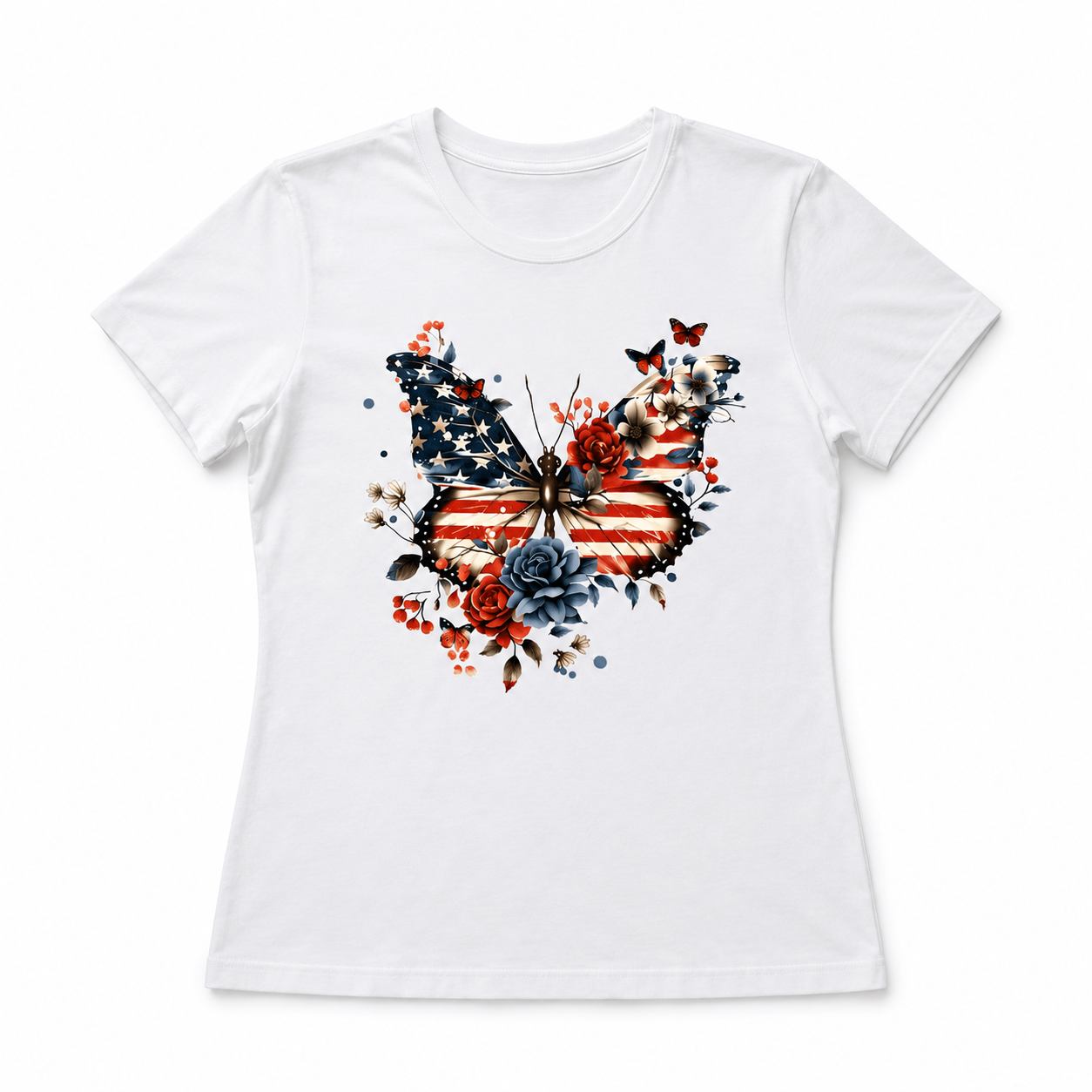 Patriotic Butterfly Floral Graphic Tee - USA Flag Wings Aesthetic T-Shirt