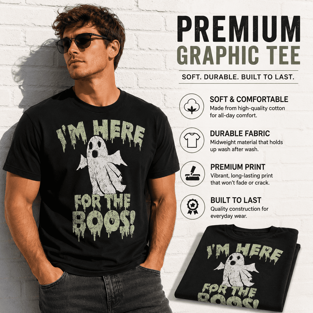 I'm Here for the Boos Funny Ghost Halloween Spooky Graphic Men's T-Shirt
