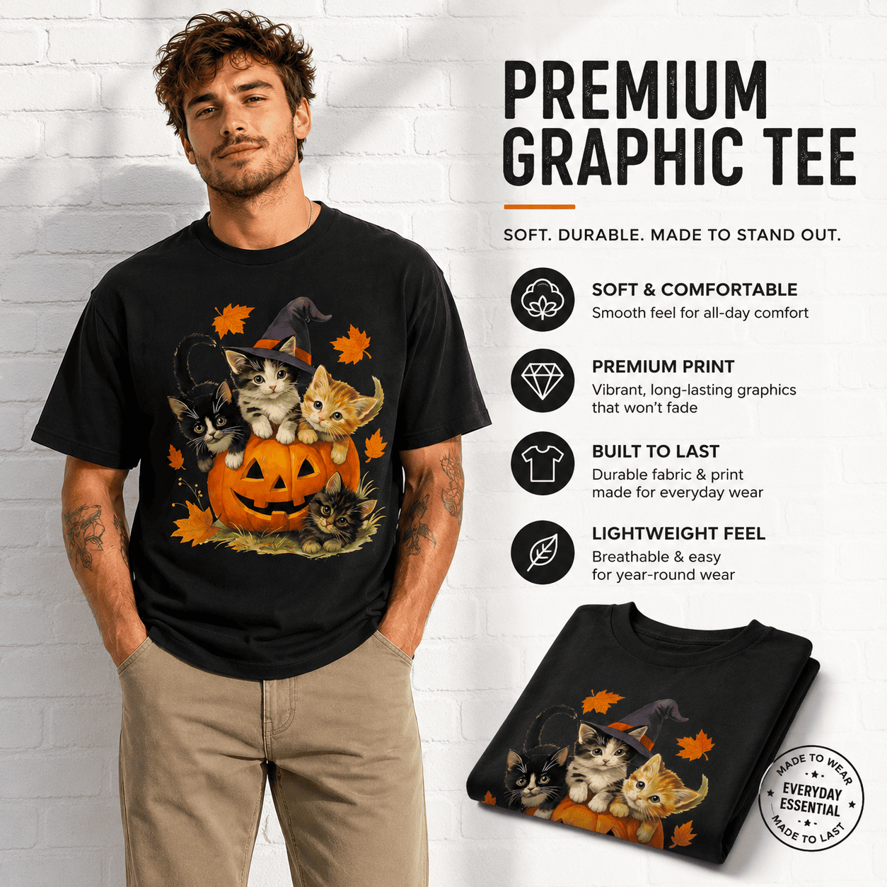 Cute Cats Pumpkin Witch Halloween Kitten Spooky Fall Graphic Men's T-Shirt
