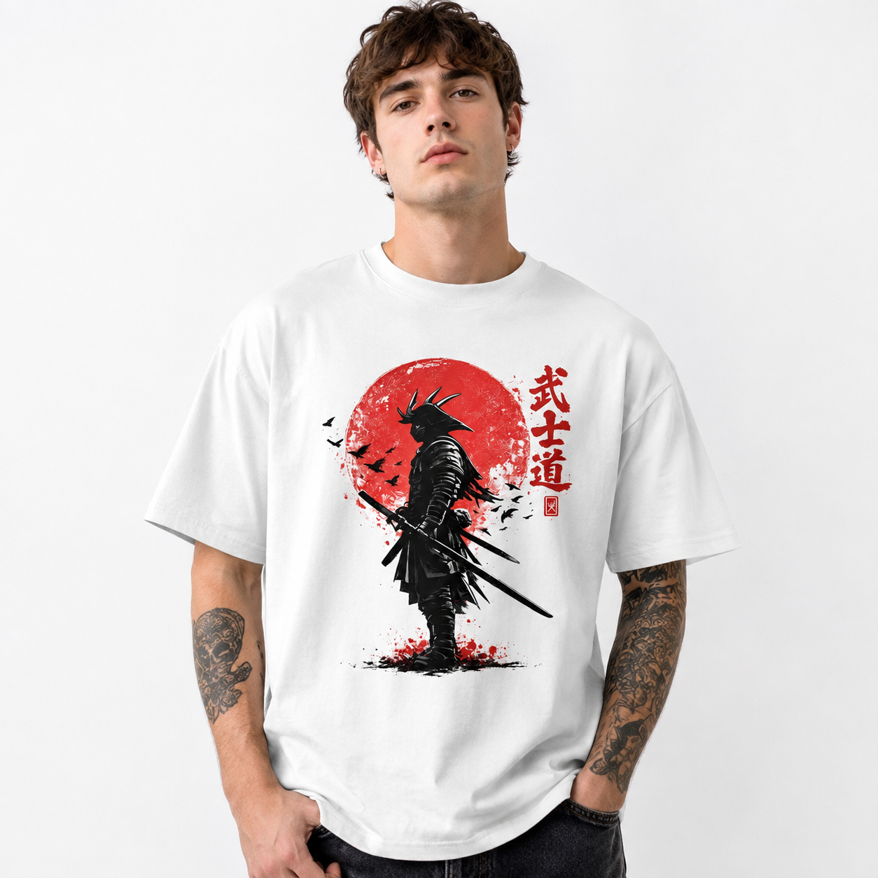 Samurai Warrior Red Sun Katana Graphic T-Shirt Japanese Fighter Tee