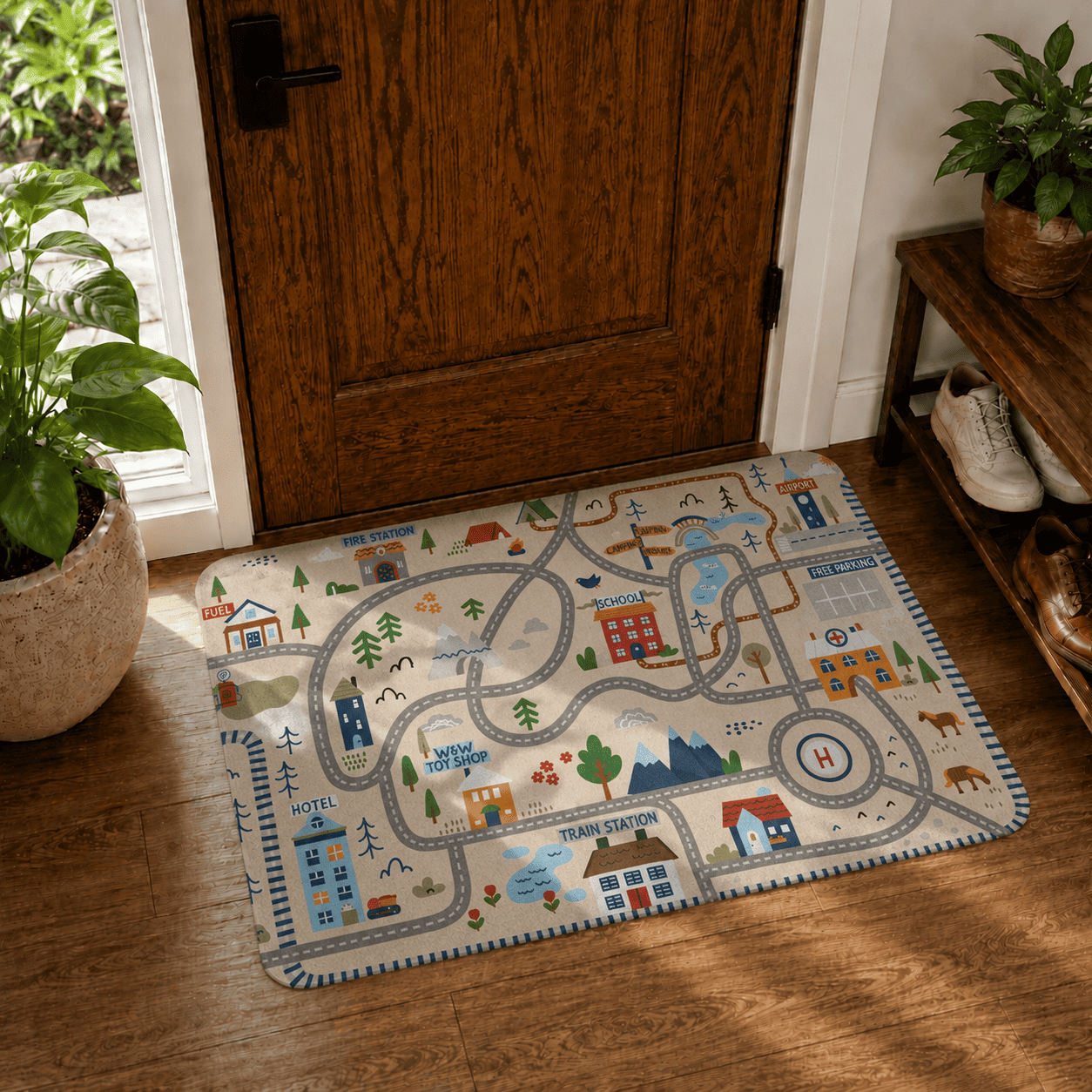 Kids Road Play Floor Mat Quick Dry Super Absorbent Non Slip City Map Design