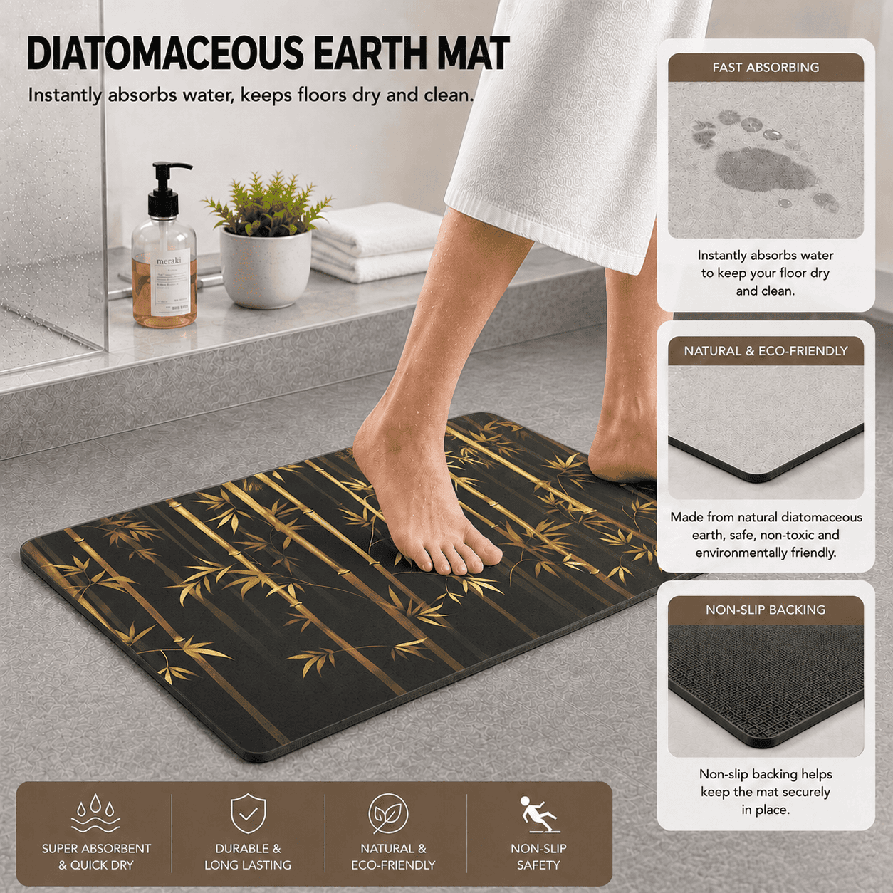 Bamboo Forest Entryway Mat Quick Dry Super Absorbent Non Slip Nature Decor