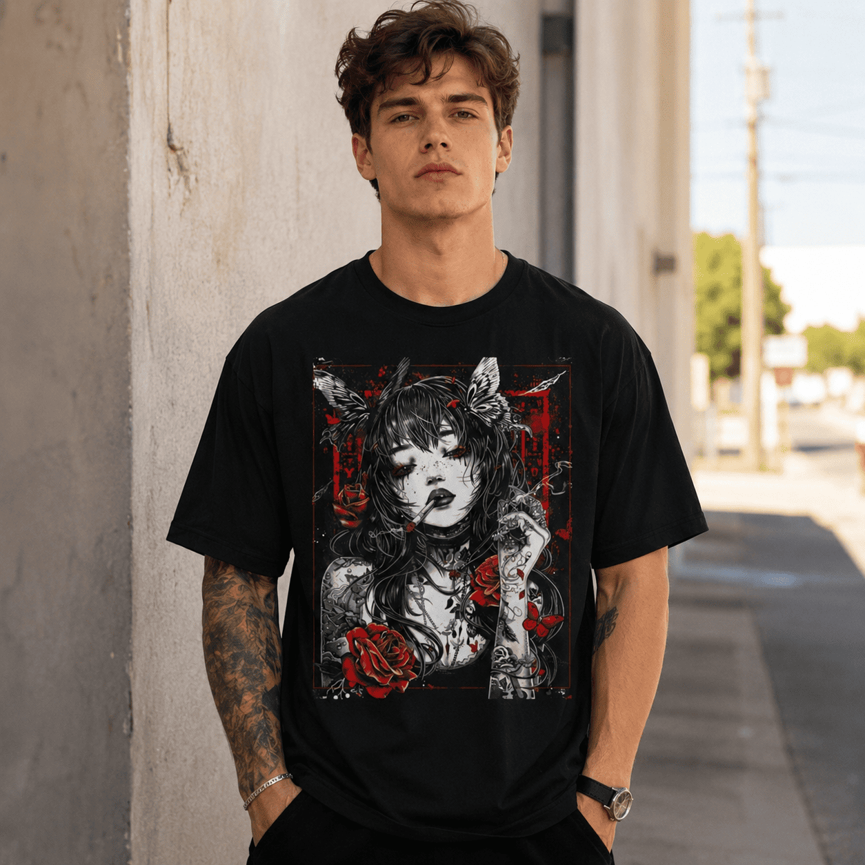 Anime Cyberpunk City T Shirt Gothic Roses Japanese Vintage Graphic Tee