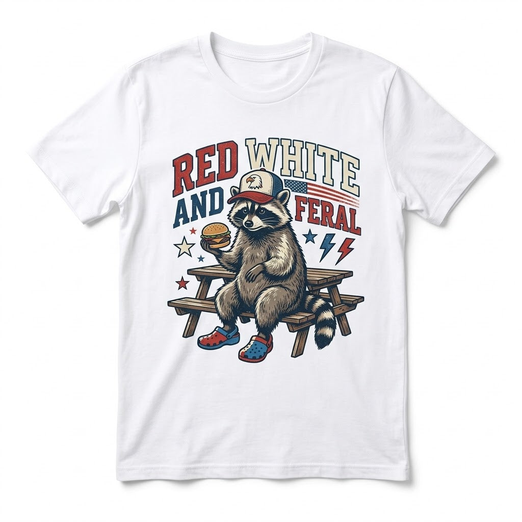 Funny Patriotic Raccoon Red White And Feral BBQ T-shirt