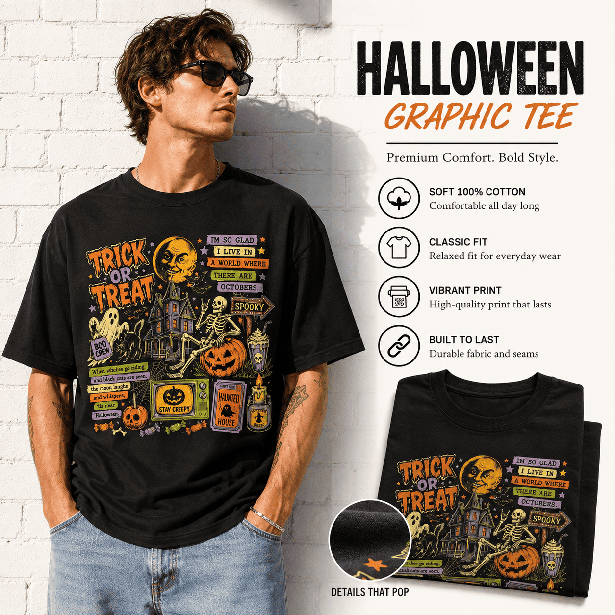 Trick or Treat Vintage Halloween Haunted House Pumpkin Graphic Men's T-Shirt