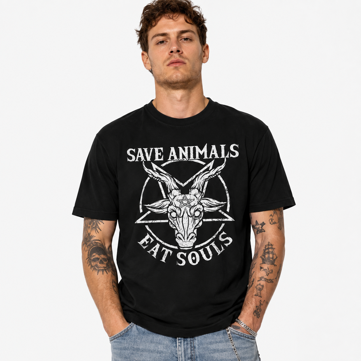 Save Animals Eat Souls Funny Goat Occult Dark Humor Gothic Men's T-Shirt