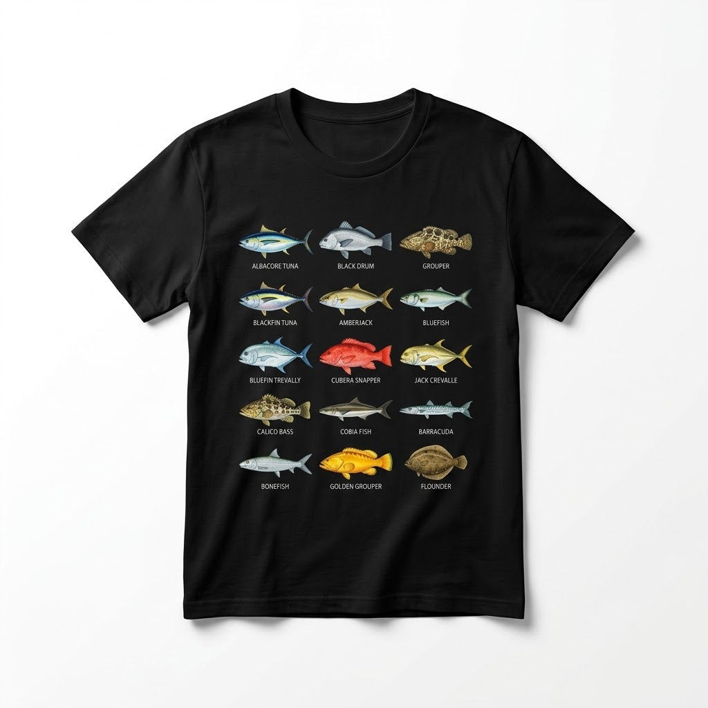 Ocean Fishes Identification T-shirt | 15 Detailed Marine Species