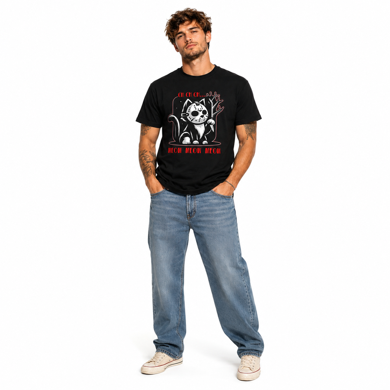 Funny Killer Cat Hockey Mask Meow Halloween Horror Graphic Men's T-Shirt