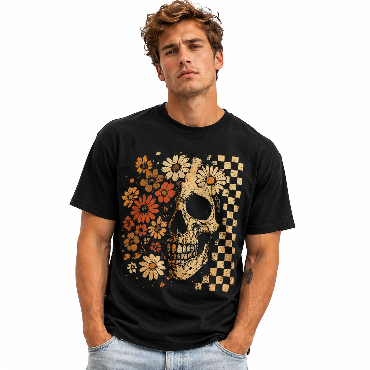 Floral Skull Retro Checkered Gothic Halloween Graphic Men's T-Shirt