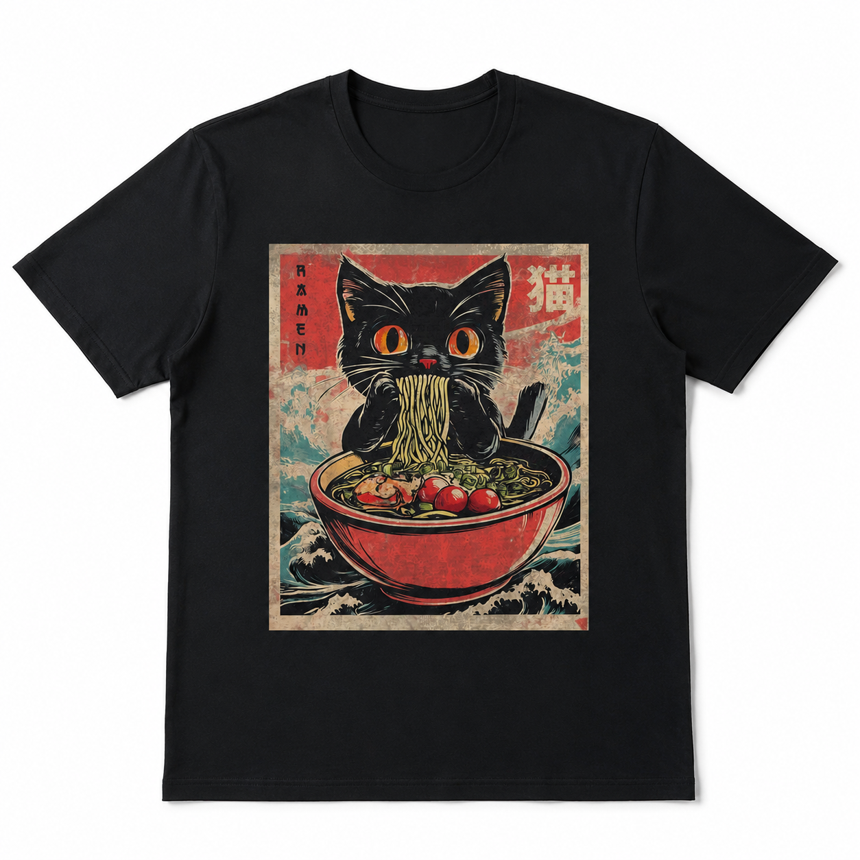 Kawaii Cat Ramen Graphic T-Shirt Funny Japanese Anime Style Tee