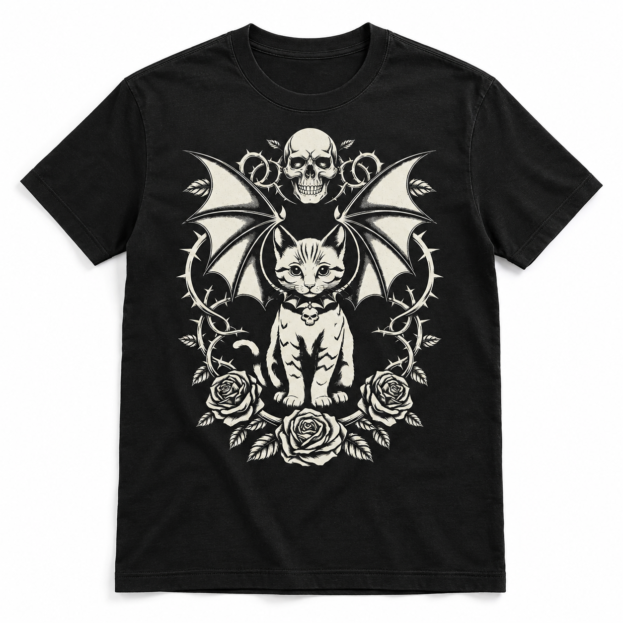 Gothic Bat Wing Cat Skull Roses Halloween Dark Art Graphic Men's T-Shirt