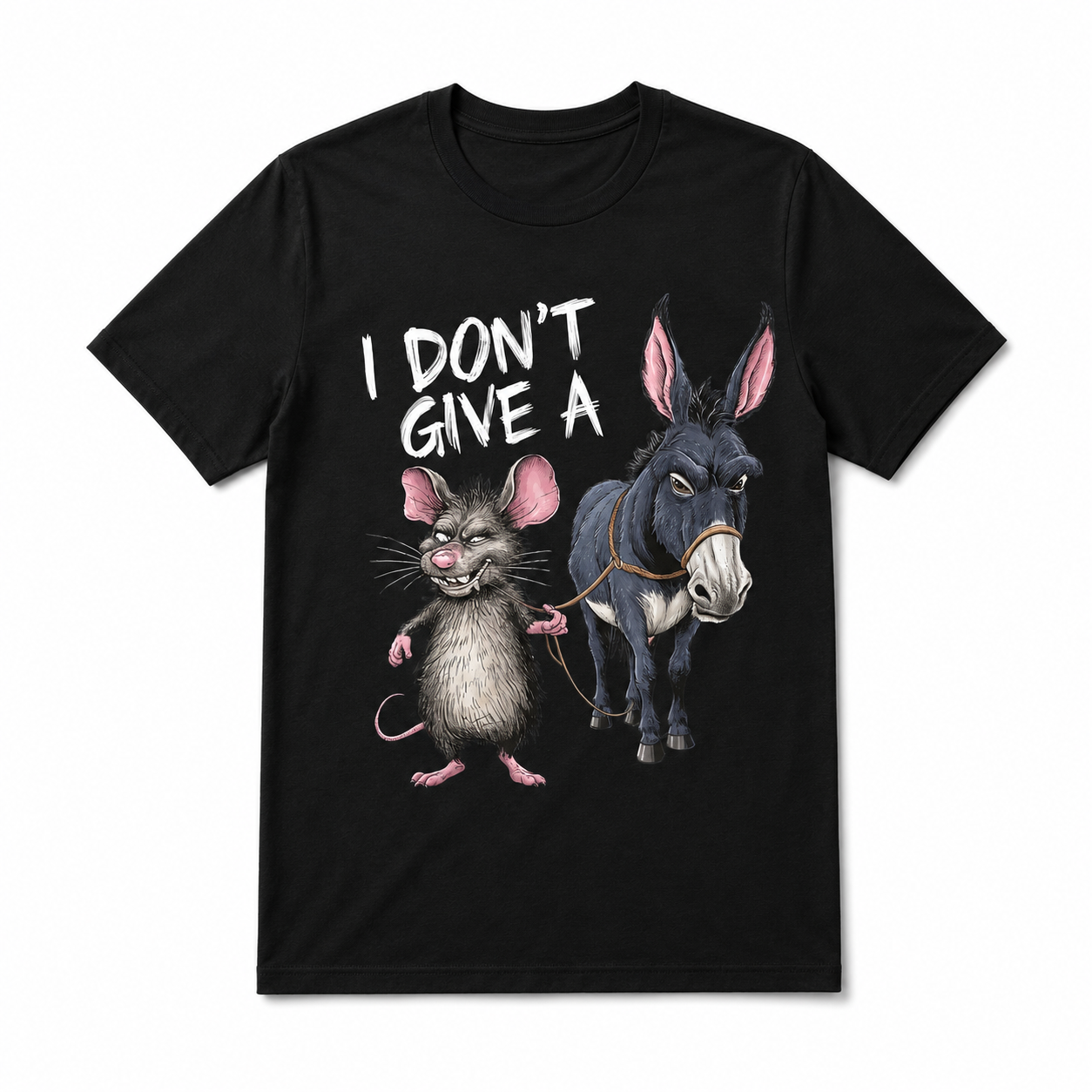 I Don’t Care Funny Donkey Mouse Cartoon Graphic T-Shirt Humor Meme Tee