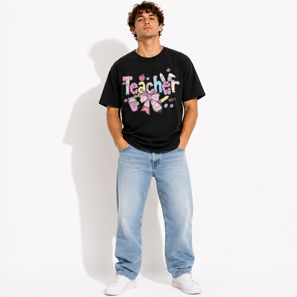 Cute Teacher Graphic T-Shirt Pastel Bow School Tee for Men