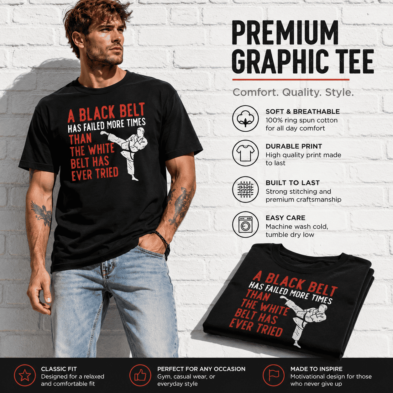 Black Belt Martial Arts Motivation Graphic T-Shirt Karate Tee for Men