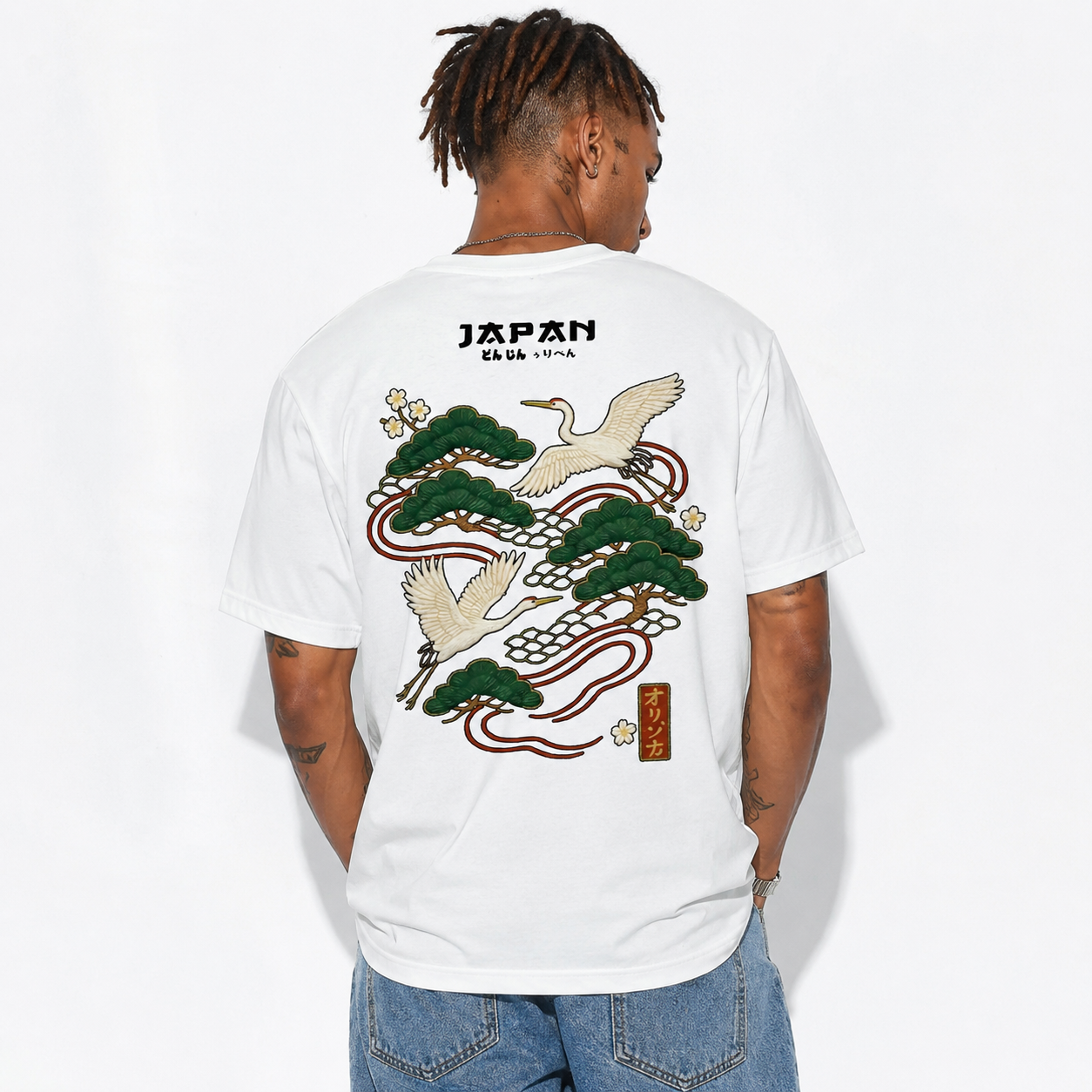 Men's Casual Versatile Simple Japanese Crane Print Short Sleeve T-Shirt