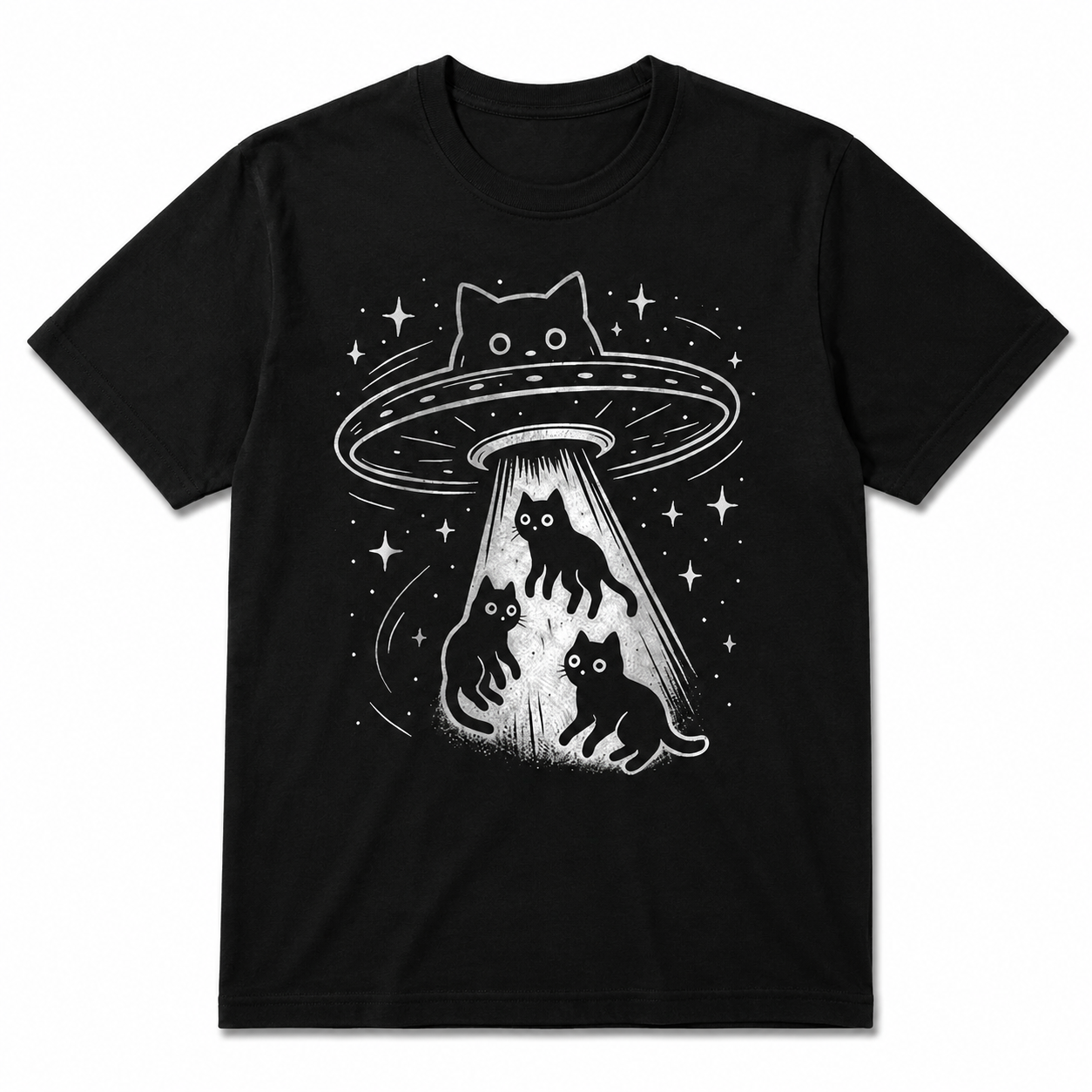 Funny Cat UFO Abduction Graphic T-Shirt Alien Space Cute Kitty Sci-Fi Tee Gift