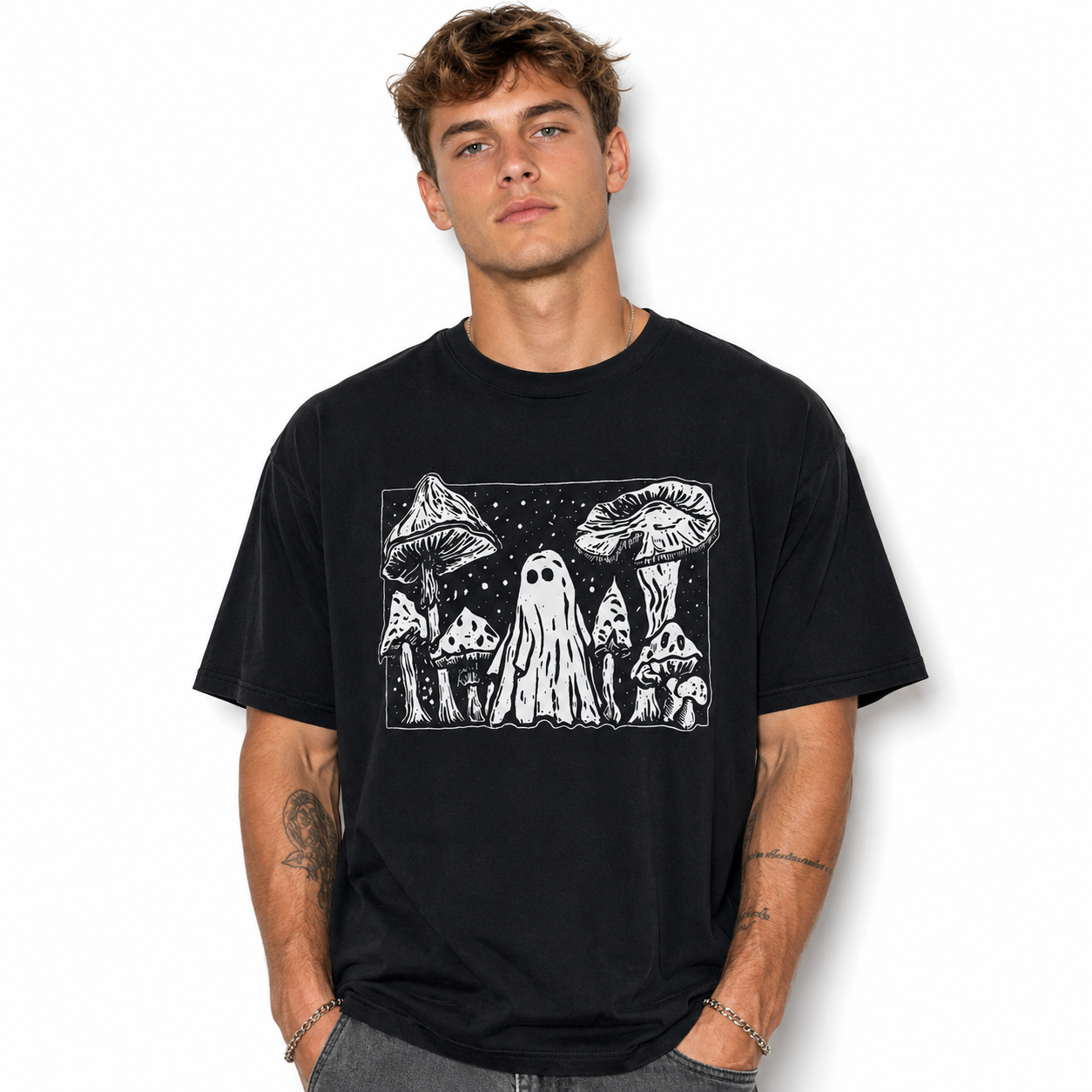 Cute Ghost Mushroom Forest Spooky Halloween Gothic Graphic Men's T-Shirt