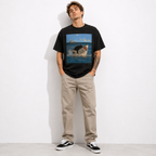 Men's Funny Cat Riding Shark Graphic T-Shirt Ocean Animal Tee