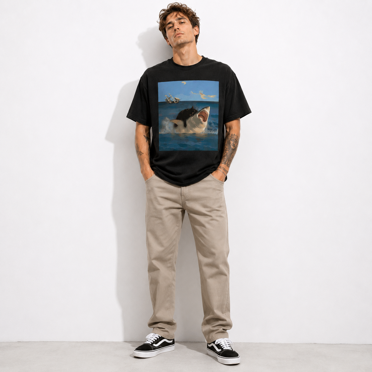 Men's Funny Cat Riding Shark Graphic T-Shirt Ocean Animal Tee