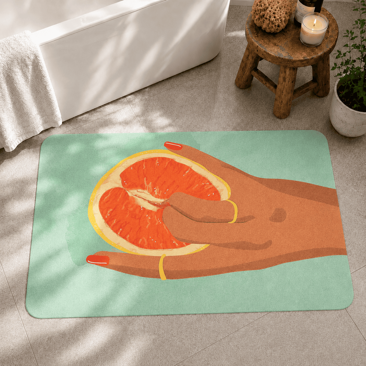 Feminist Vulva Rug | Funny Fruit Doormat | Body Positive Gift | Bold Orange Pop Art Decor | Unique Handmade Carpet for Women, Sexy Bathmat