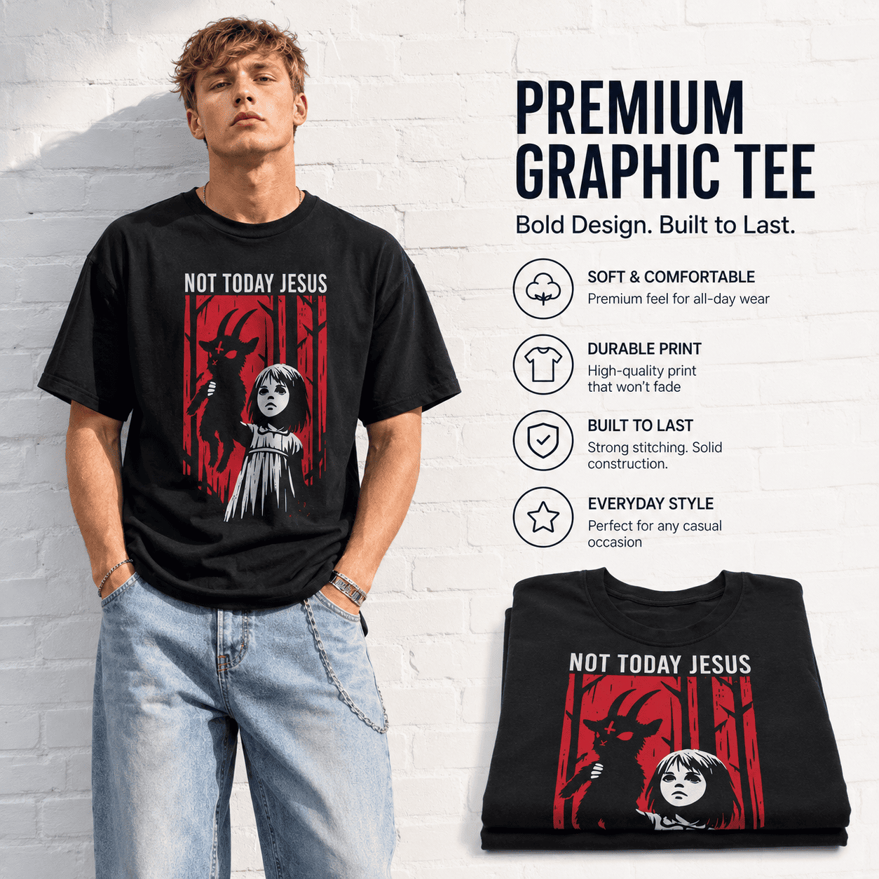Not Today Jesus Creepy Girl Demon Funny Halloween Horror Men's T-Shirt