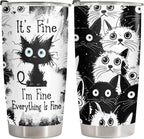 34HD Funny Black Cat Tumbler with Lid, 20oz Stainless Steel Vacuum Insulated Everything Is Fine Cup, Cat Lover Gifts for Women Birthday Mothers Day Halloween Christmas