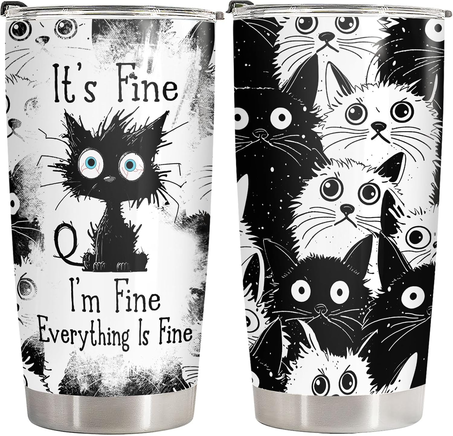 34HD Funny Black Cat Tumbler with Lid, 20oz Stainless Steel Vacuum Insulated Everything Is Fine Cup, Cat Lover Gifts for Women Birthday Mothers Day Halloween Christmas