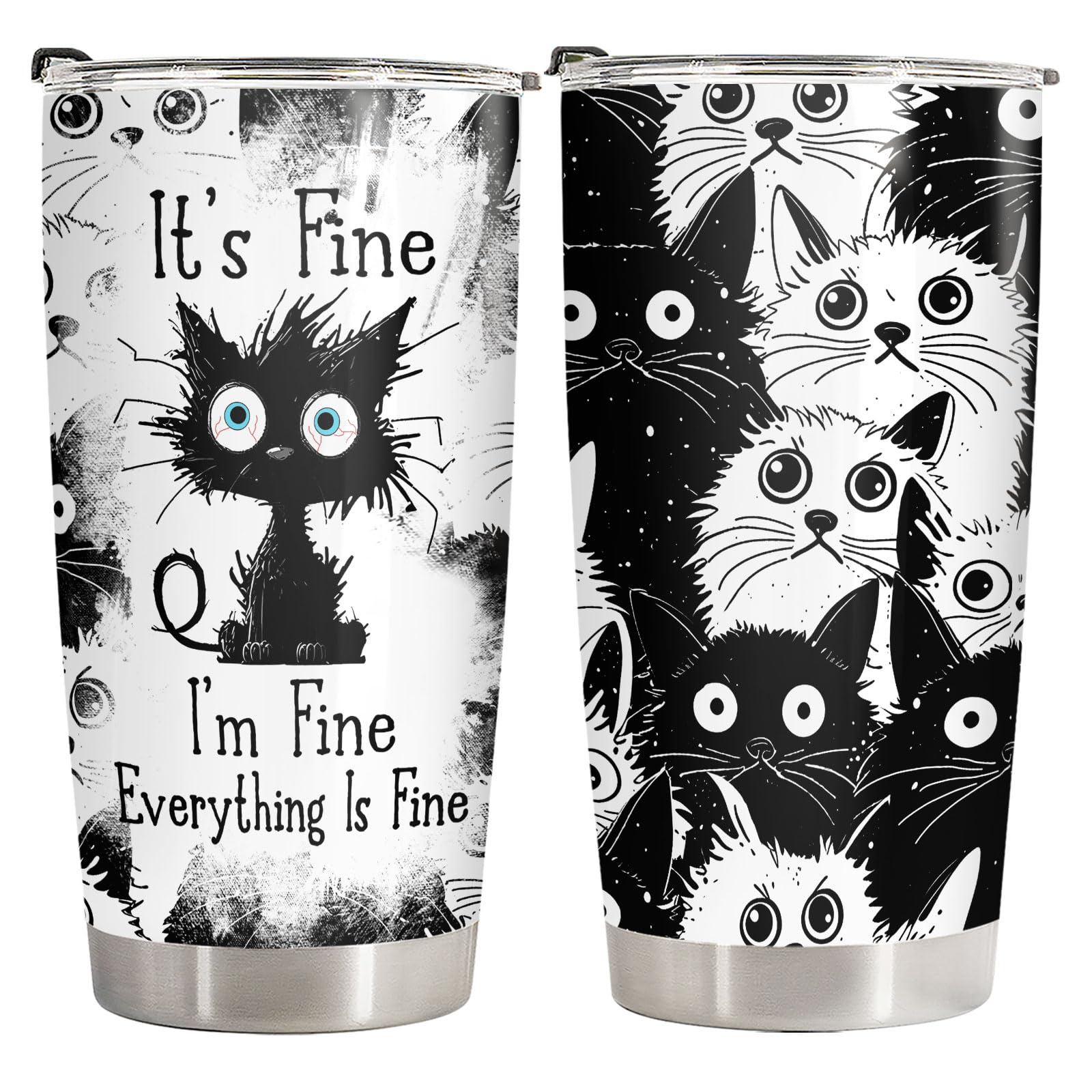 34HD Funny Black Cat Tumbler with Lid, 20oz Stainless Steel Vacuum Insulated Everything Is Fine Cup, Cat Lover Gifts for Women Birthday Mothers Day Halloween Christmas
