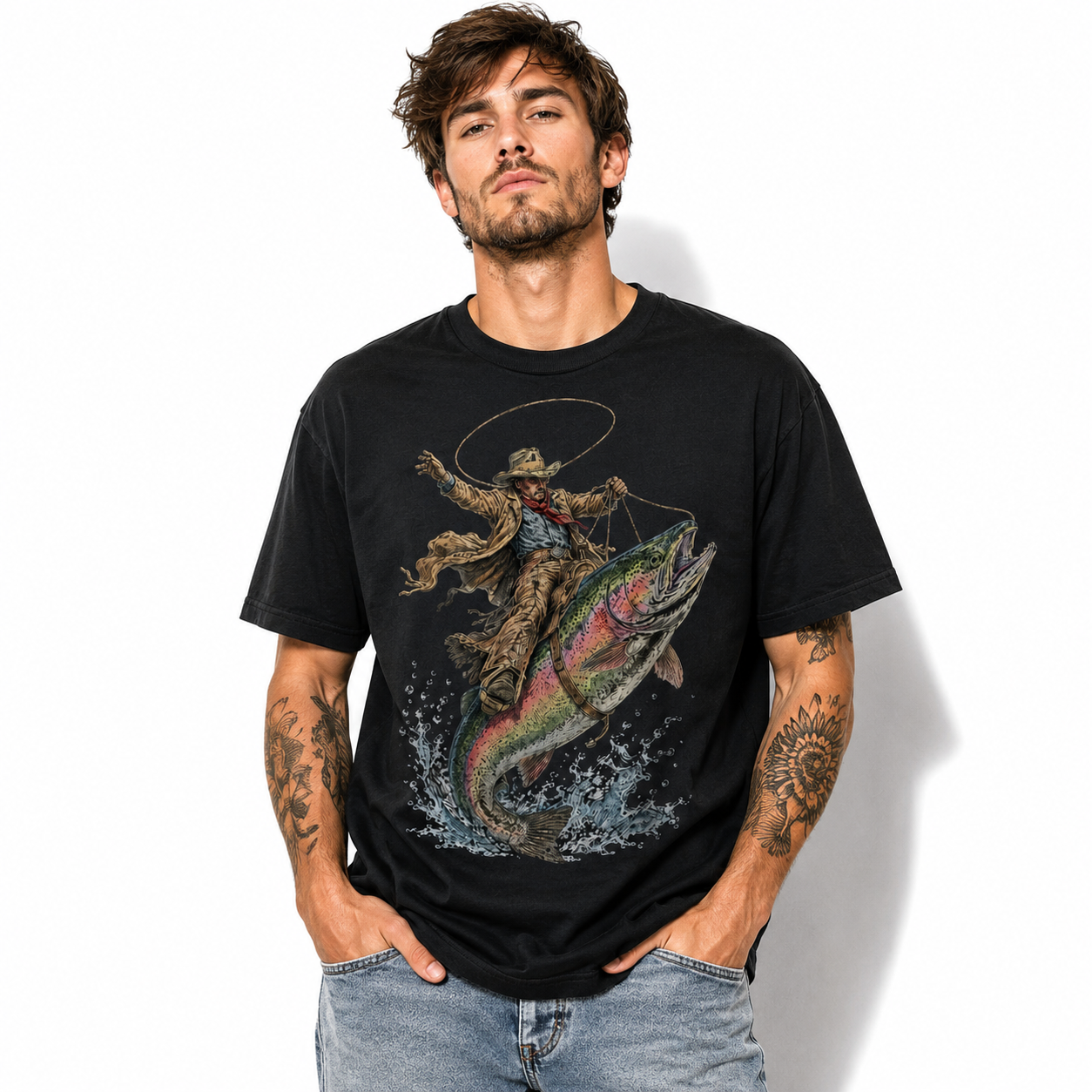 Cowboy Riding Rainbow Trout Funny Fishing Graphic T Shirt Western Angler Gift
