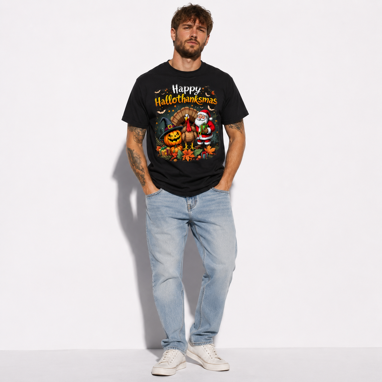 Happy Hallothanksmas Halloween Thanksgiving Christmas Graphic Men's T-Shirt