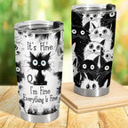 34HD Funny Black Cat Tumbler with Lid, 20oz Stainless Steel Vacuum Insulated Everything Is Fine Cup, Cat Lover Gifts for Women Birthday Mothers Day Halloween Christmas