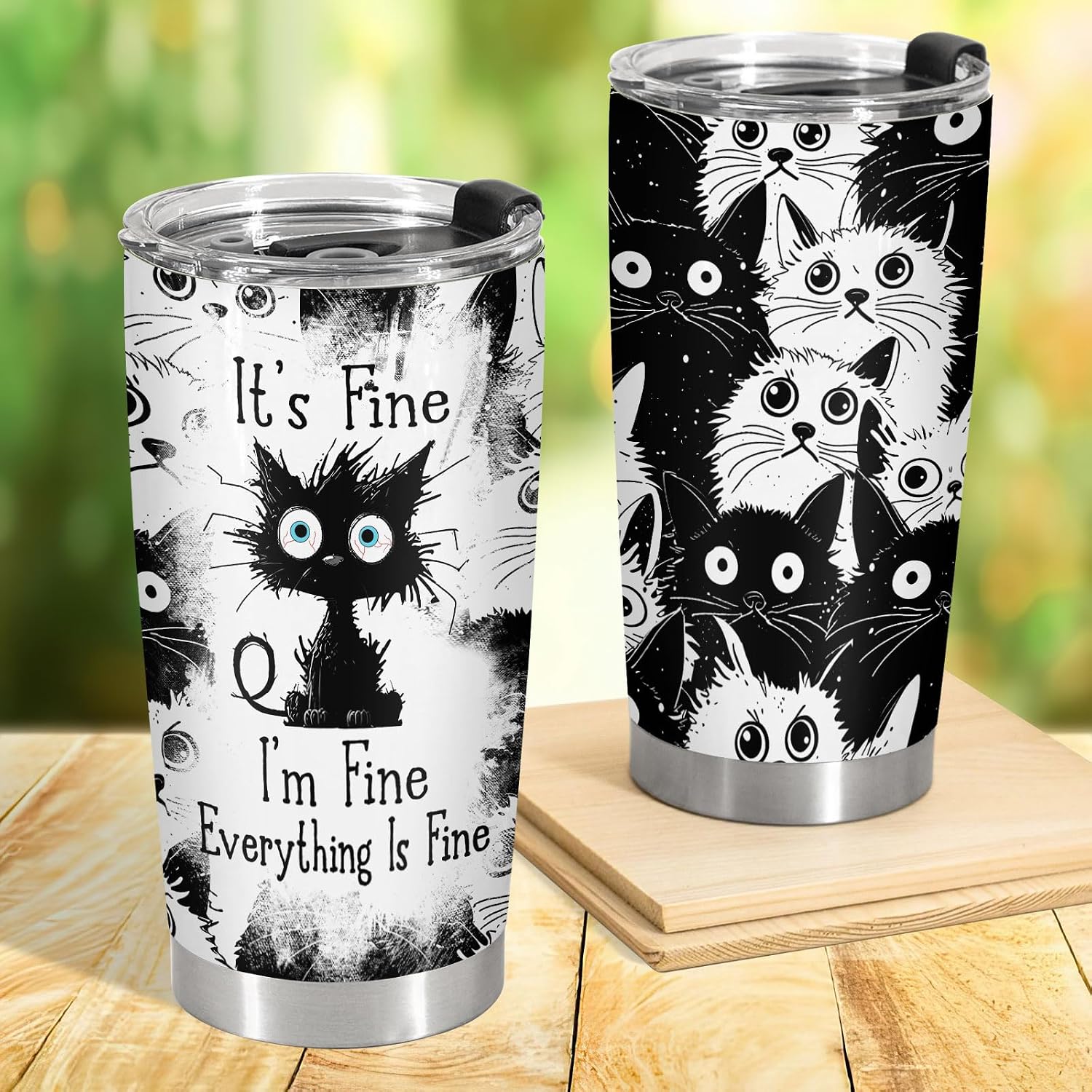 34HD Funny Black Cat Tumbler with Lid, 20oz Stainless Steel Vacuum Insulated Everything Is Fine Cup, Cat Lover Gifts for Women Birthday Mothers Day Halloween Christmas