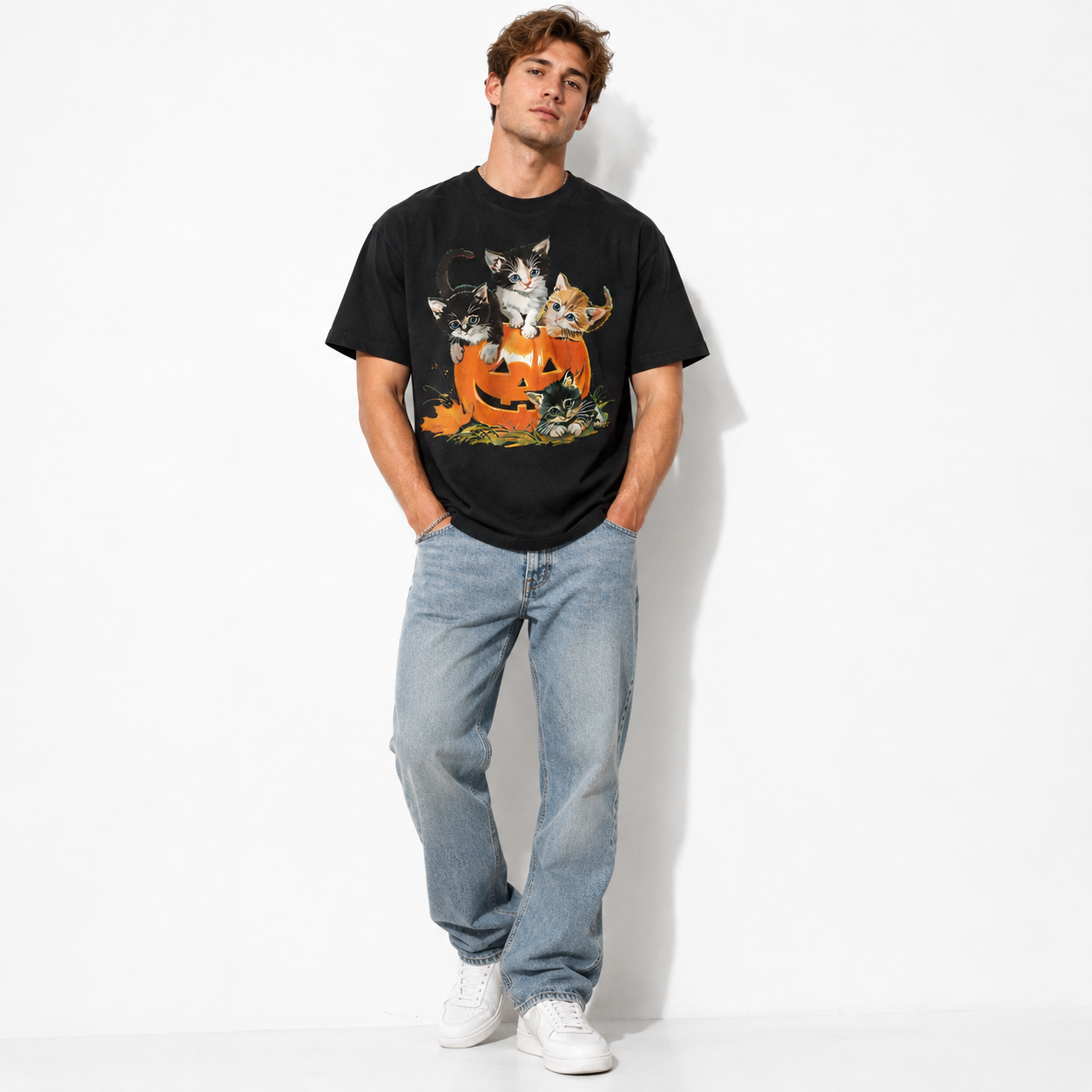 Cute Halloween Cats Pumpkin Jack O Lantern Spooky Kitty Graphic Men's T-Shirt