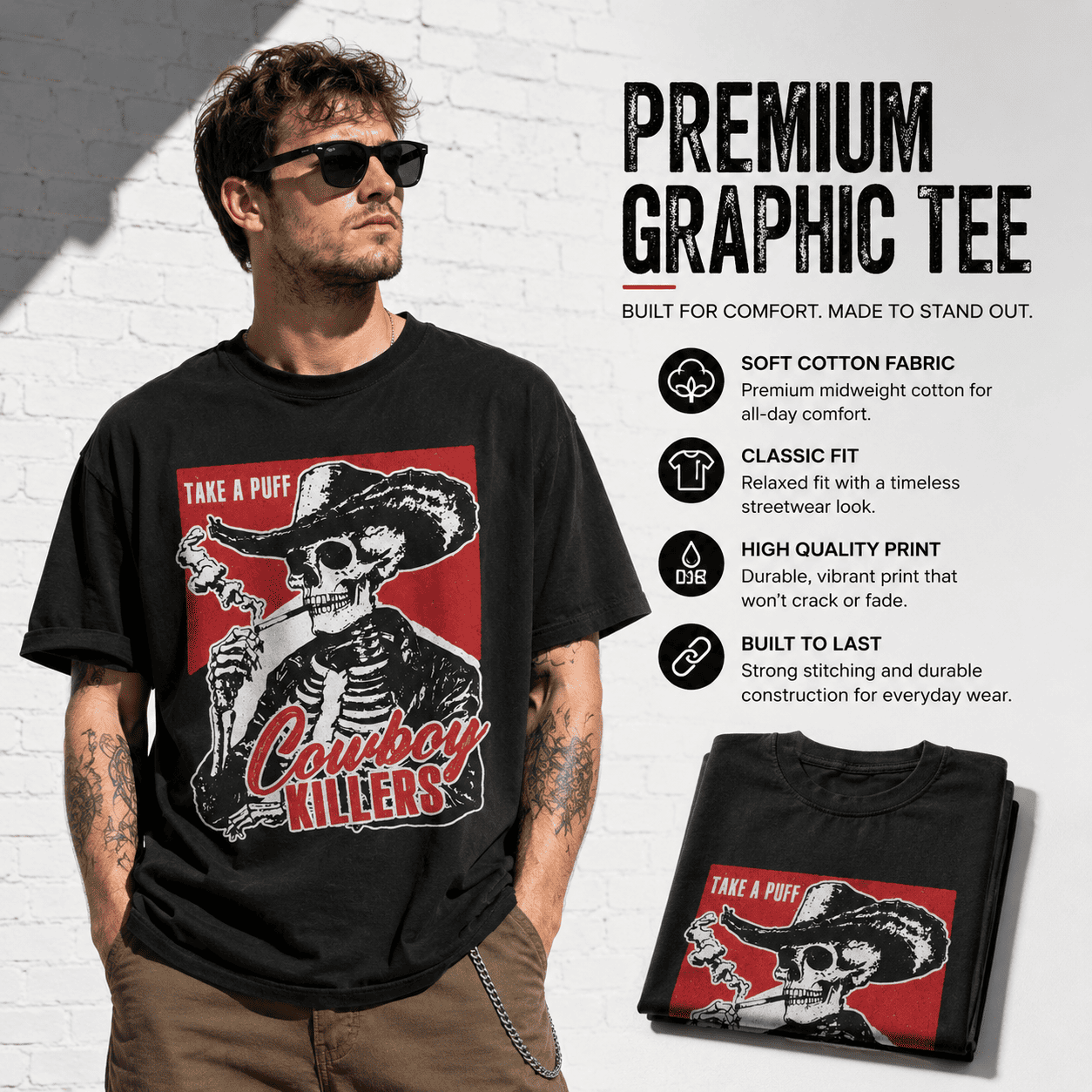 Take A Puff Cowboy Killers Skeleton Western Smoking Humor Men's T-Shirt