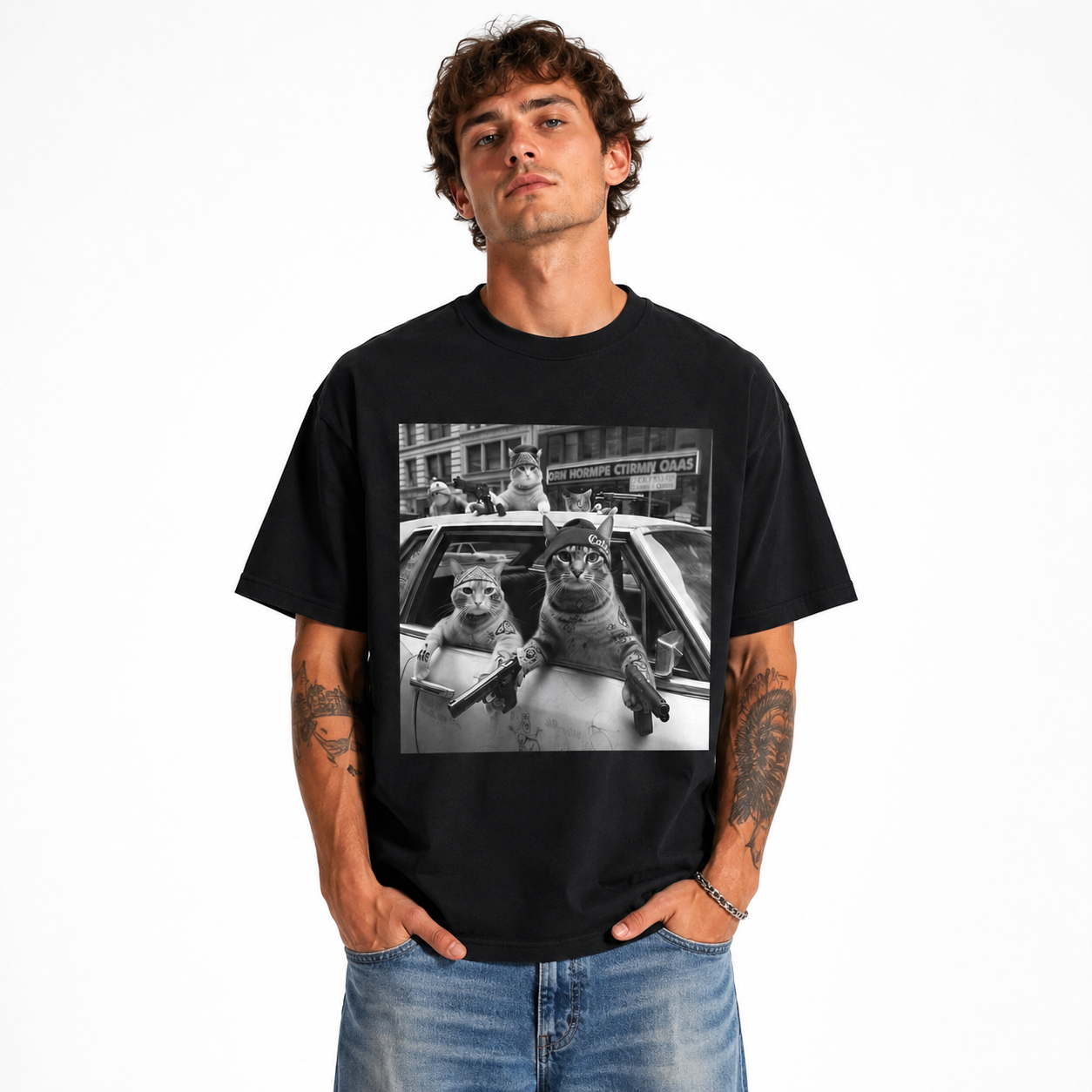Funny Gangster Cats Street Meme Graphic T-Shirt for Men
