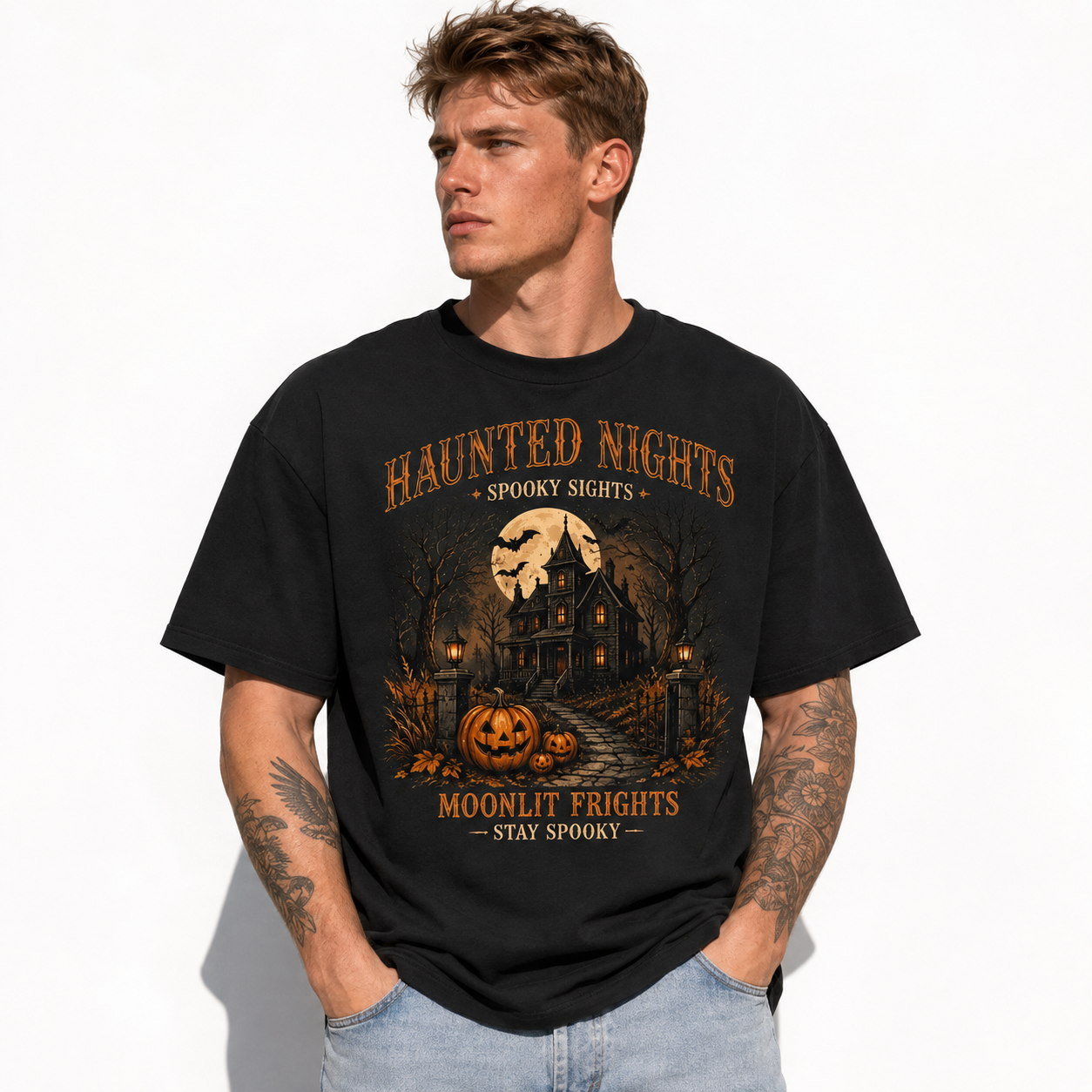 Haunted Nights Spooky Sights Haunted House Halloween Men's Graphic T-Shirt