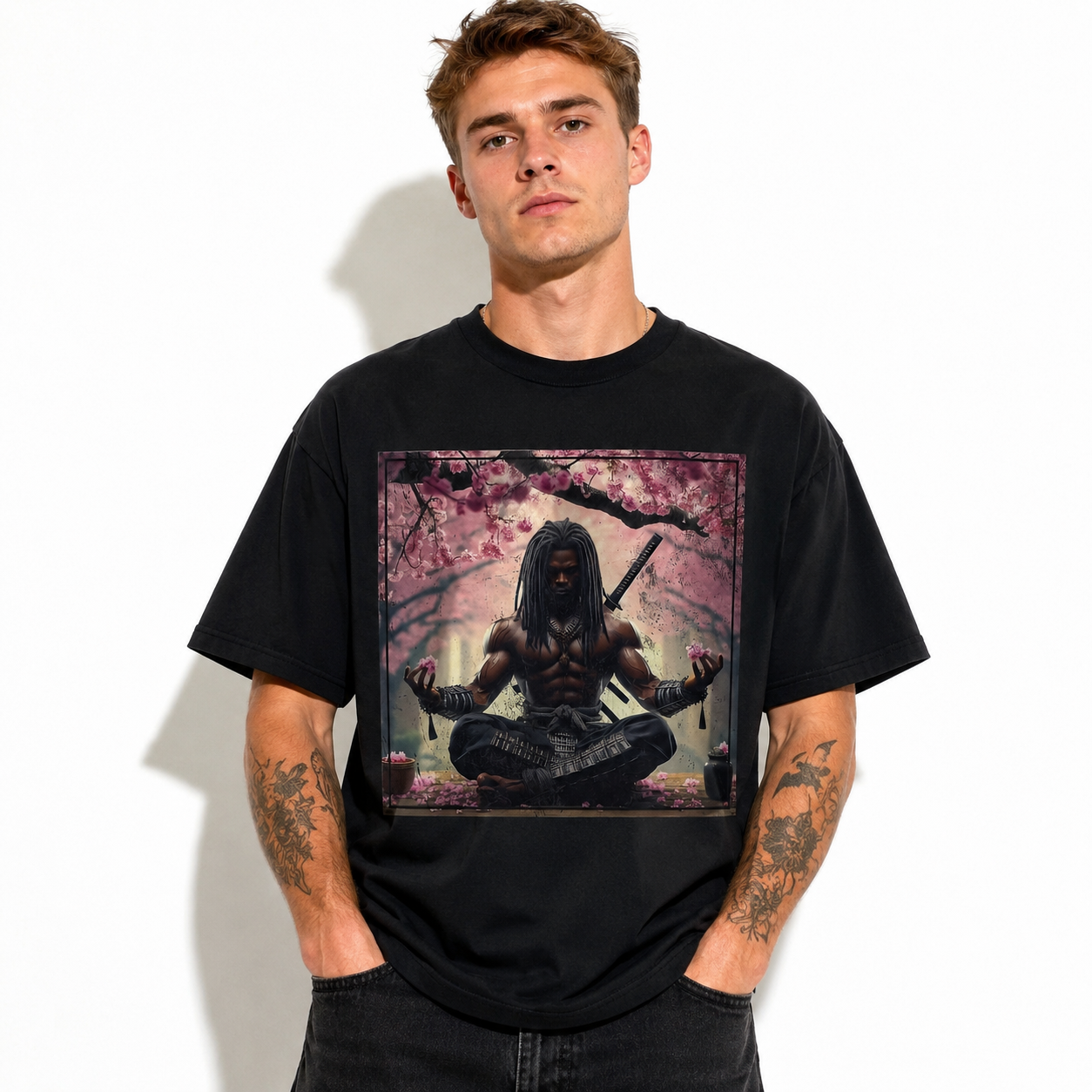 Japanese Samurai Meditation Graphic T-Shirt Cherry Blossom Warrior Tee
