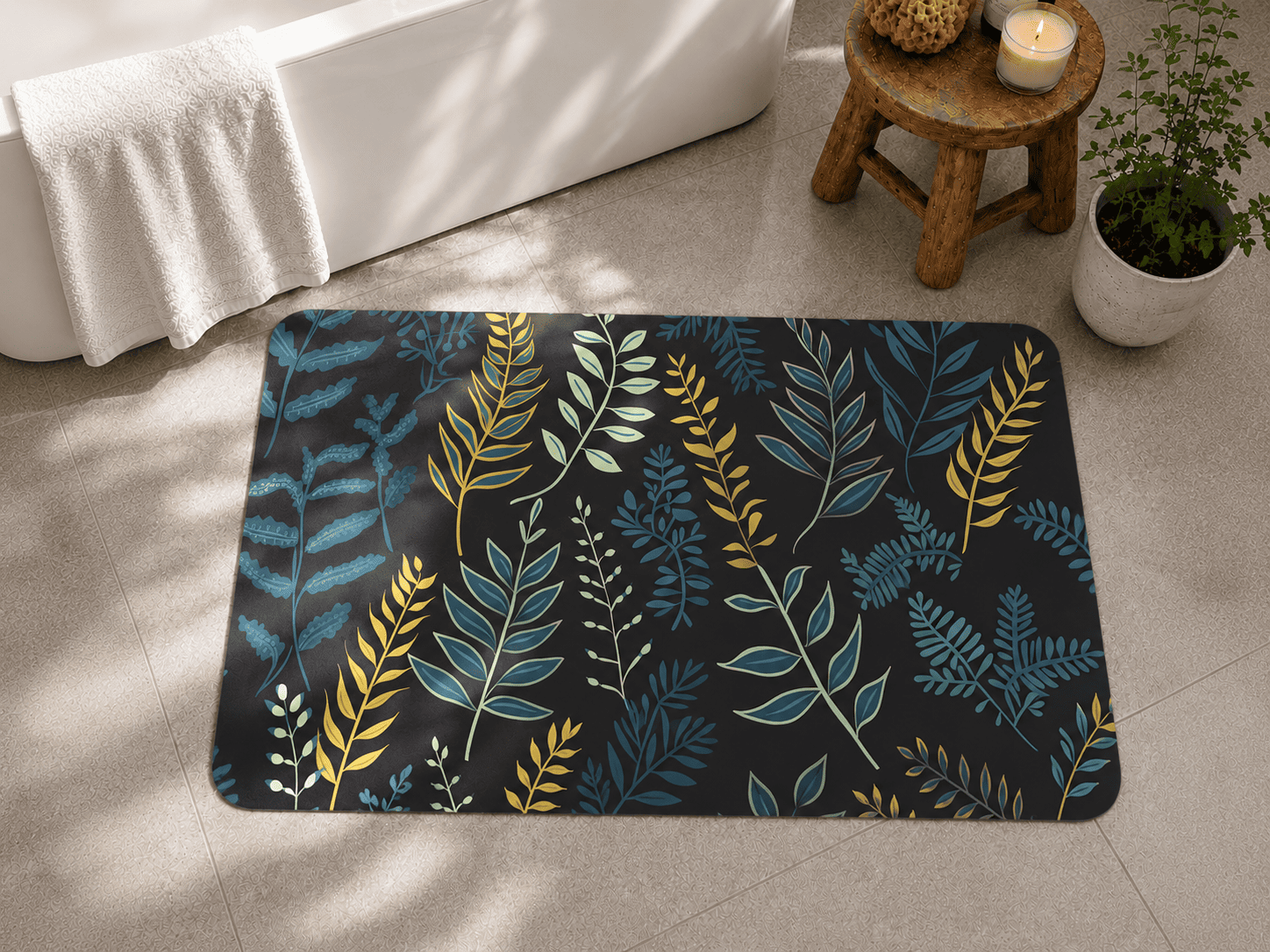 Botanical Entryway Mat with Quick Dry Super Absorbent Non Slip Fern Design