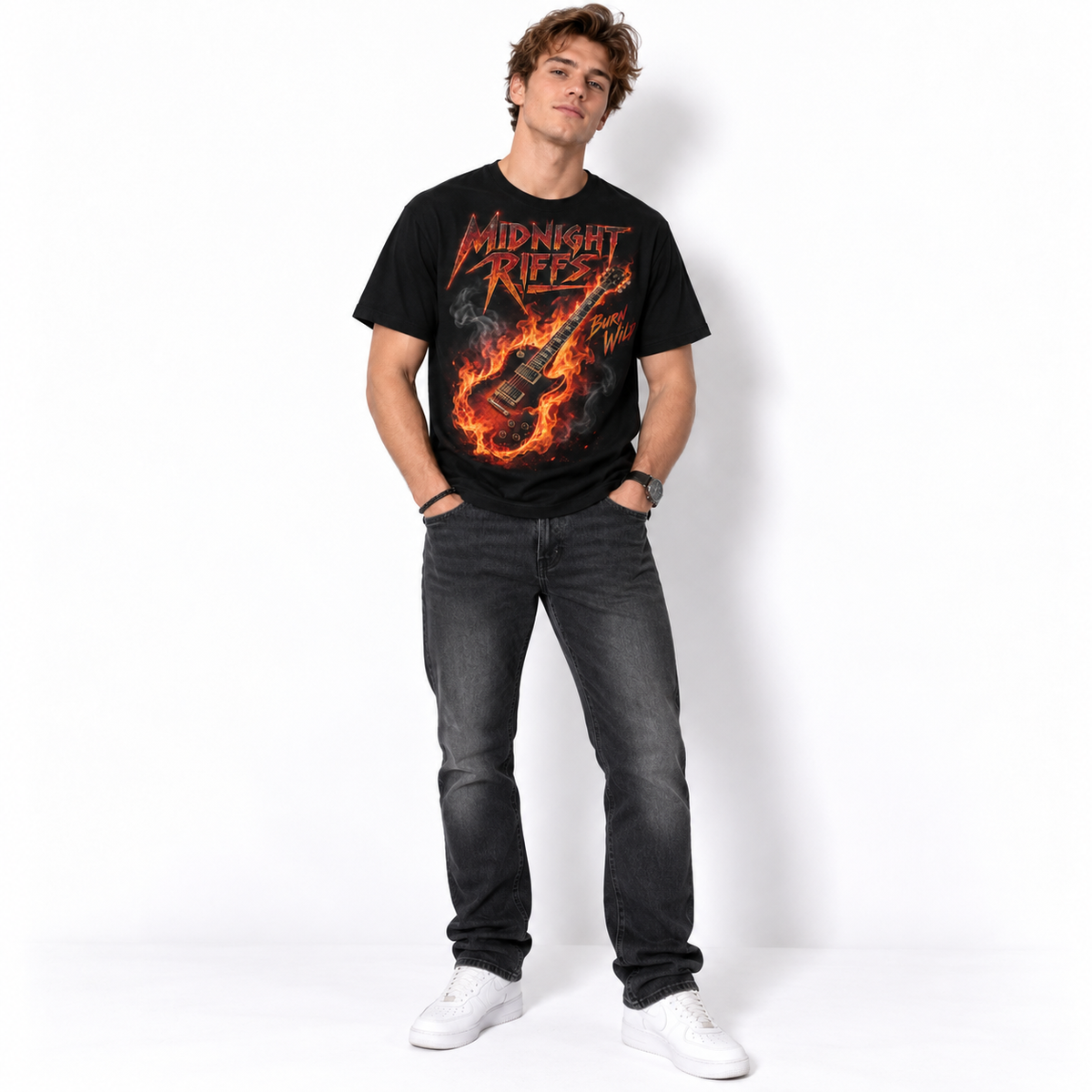 Midnight Riffs Flaming Guitar Heavy Metal Rock Men's Graphic T-Shirt