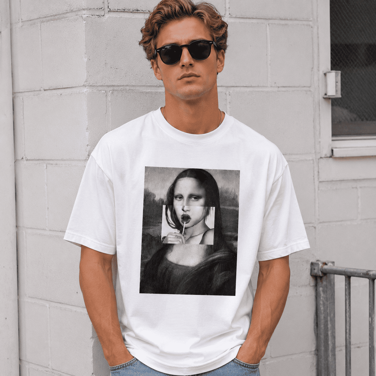 Mona Lisa Bubble Gum Graphic T-Shirt Funny Art Parody Casual Oversized Tee