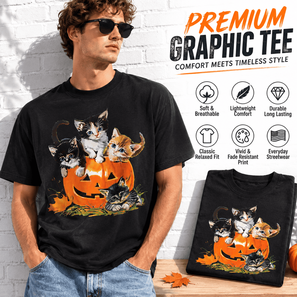 Cute Halloween Cats Pumpkin Jack O Lantern Spooky Kitty Graphic Men's T-Shirt