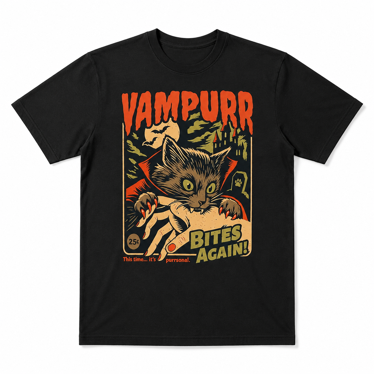 Vampurr Bites Again Vampire Cat Halloween Spooky Vintage Graphic Men's T-Shirt