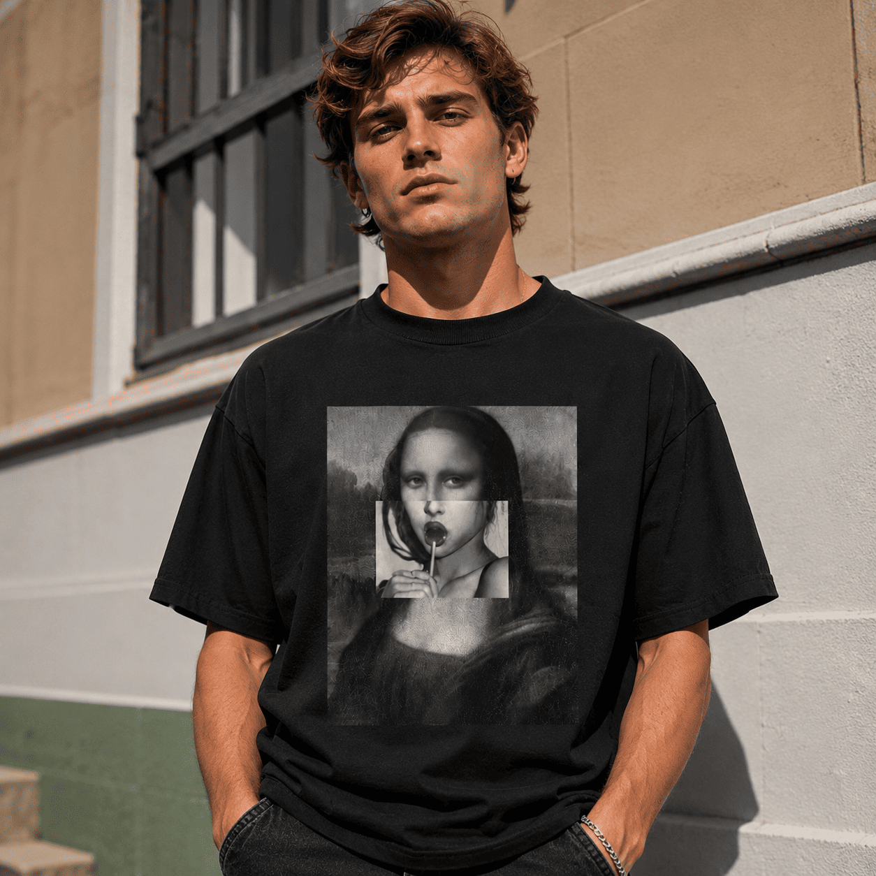 Mona Lisa Bubble Gum Graphic T-Shirt Funny Art Parody Casual Oversized Tee