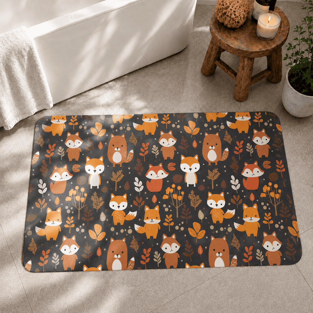 Cartoon Foxes Laundry Room Mat Quick Dry Super Absorbent Non Slip Kawaii Decor