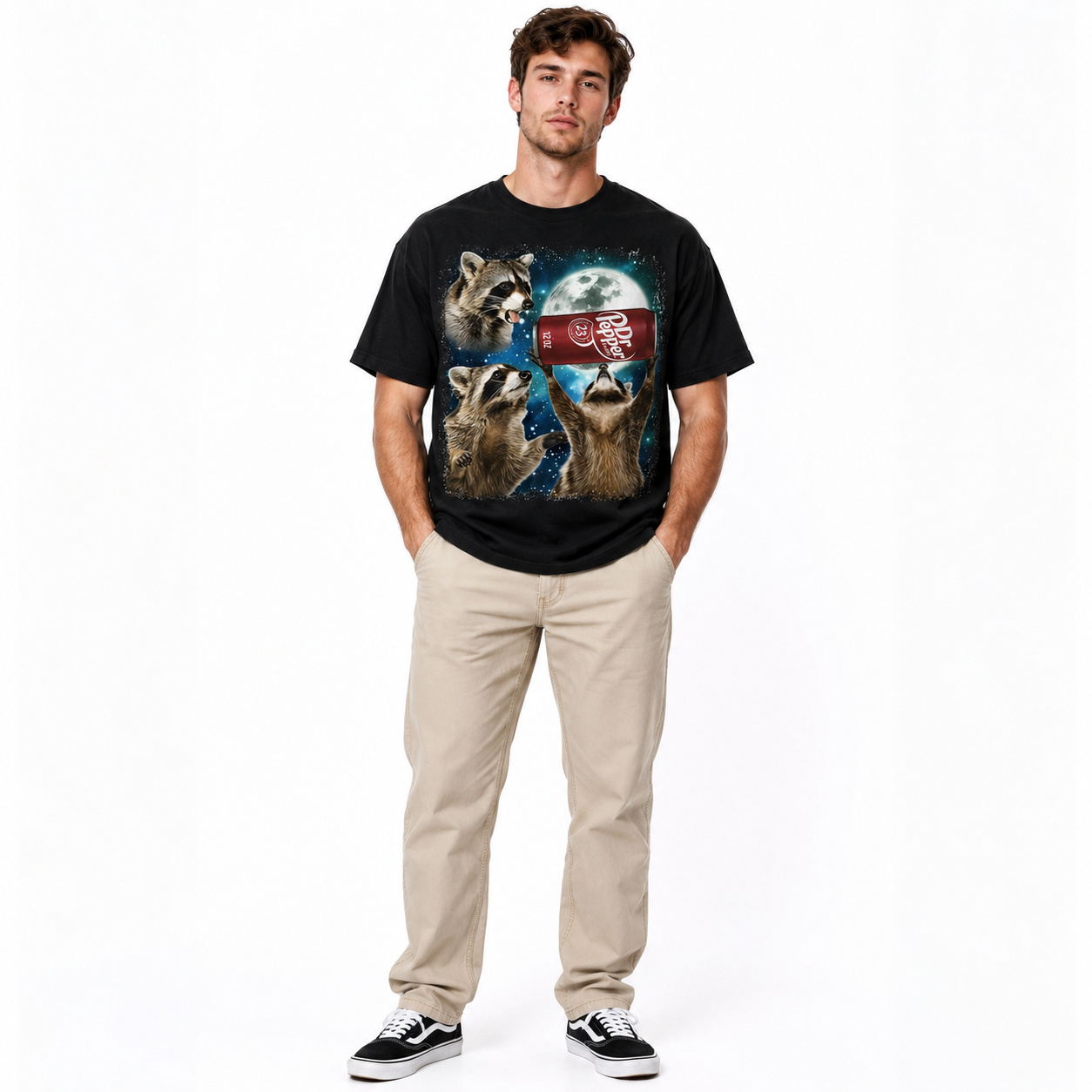 Funny Space Raccoon Soda Graphic T-Shirt Men’s Cosmic Animal Tee